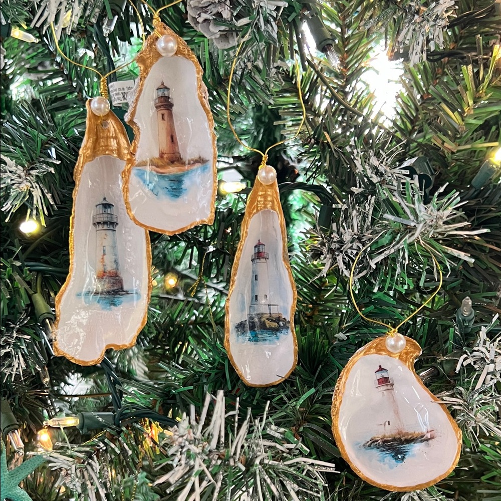 Set of 4 Decoupage Lighthouse Christmas Ornaments